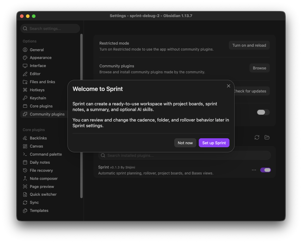 Sprint first-run welcome prompt with Not now and Set up Sprint actions