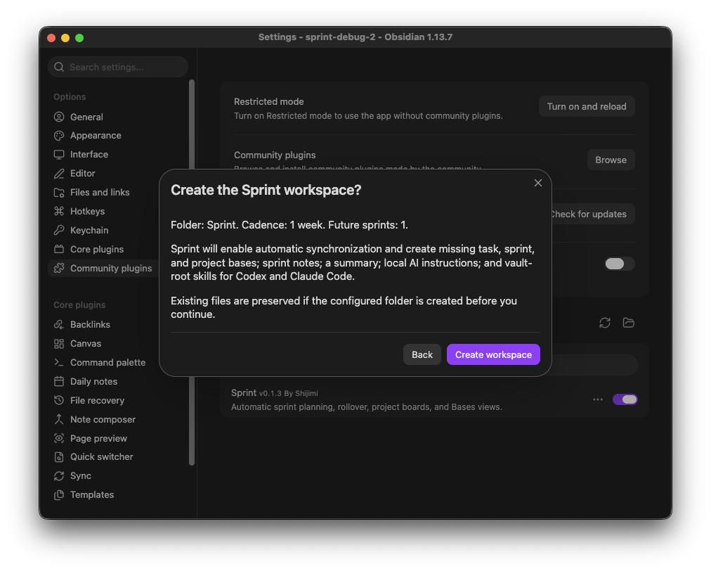 Sprint workspace confirmation with the default folder and cadence