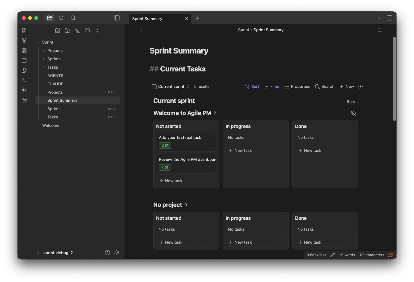 Sprint Summary showing the current-sprint project boards
