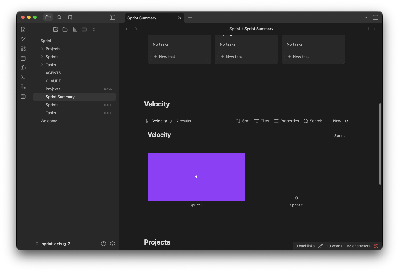Sprint Summary showing the Velocity chart