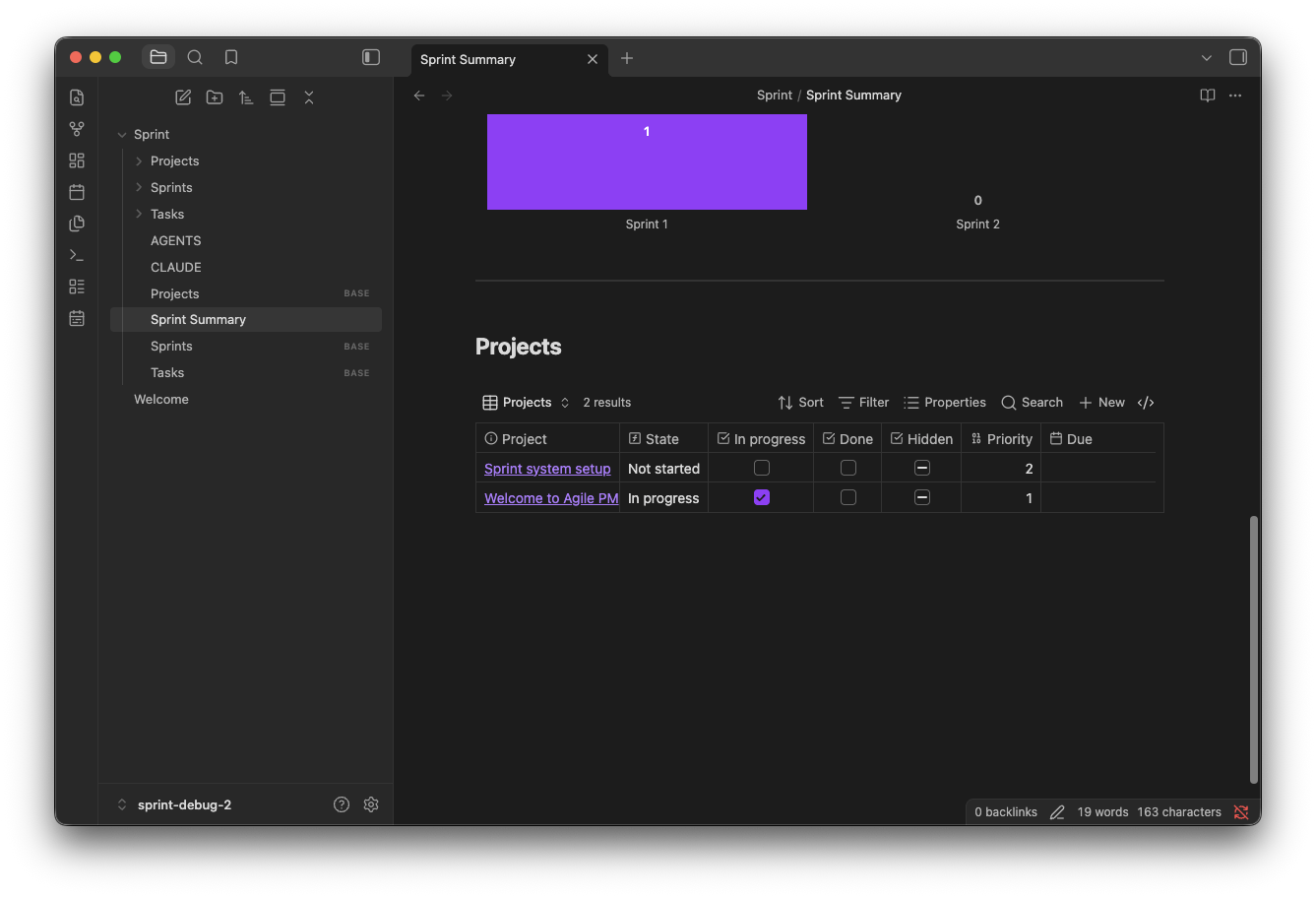 Sprint Summary showing the Projects table