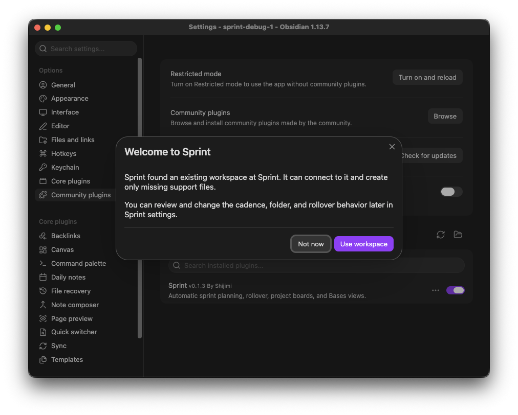 Sprint welcome prompt after detecting an existing workspace