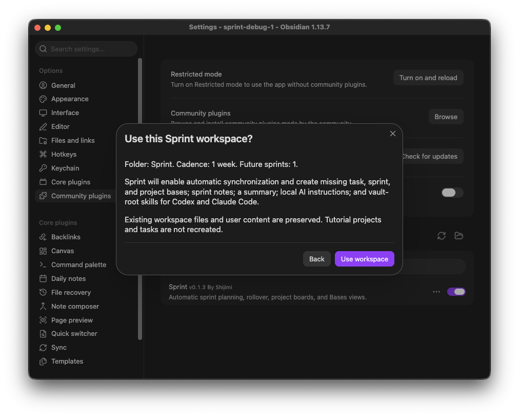 Confirmation for connecting to an existing Sprint workspace